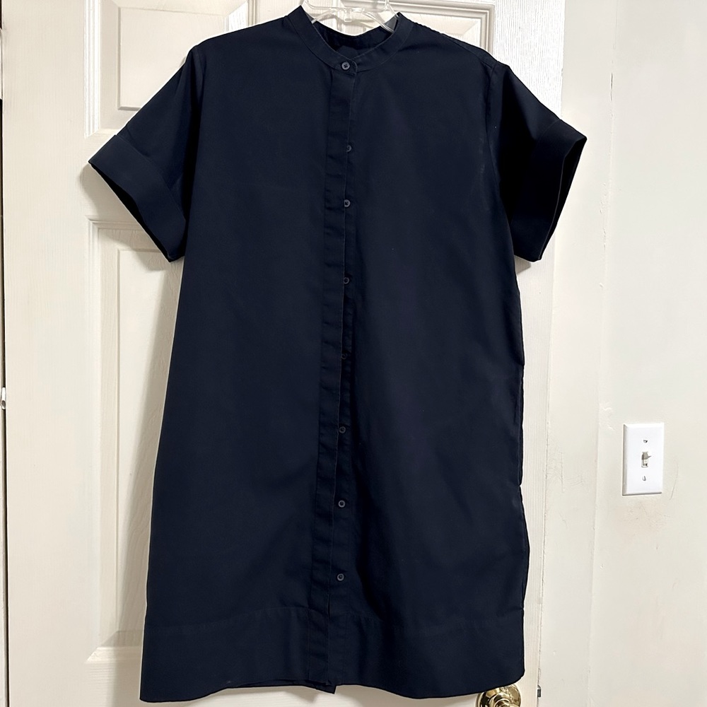 Everlane Women's blue cotton collarless belt shirt dress 10
